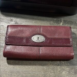 Fossil Wine Leather Fold-Over Wallet with Silver Tone Logo
